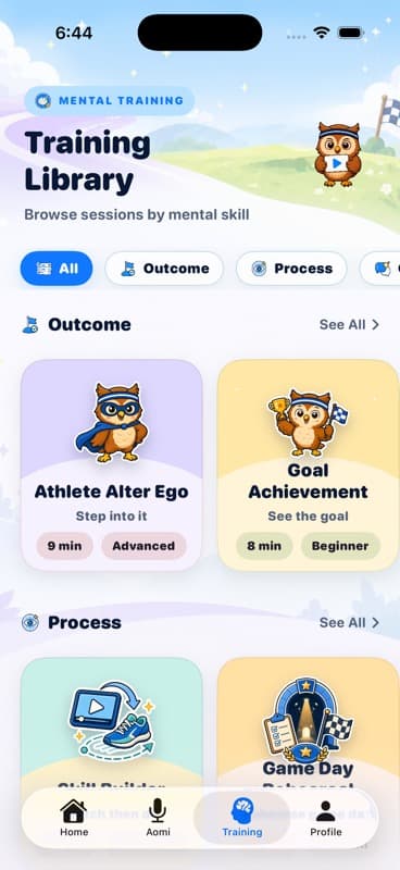 Athlete Mindset training library with colorful mental training sessions