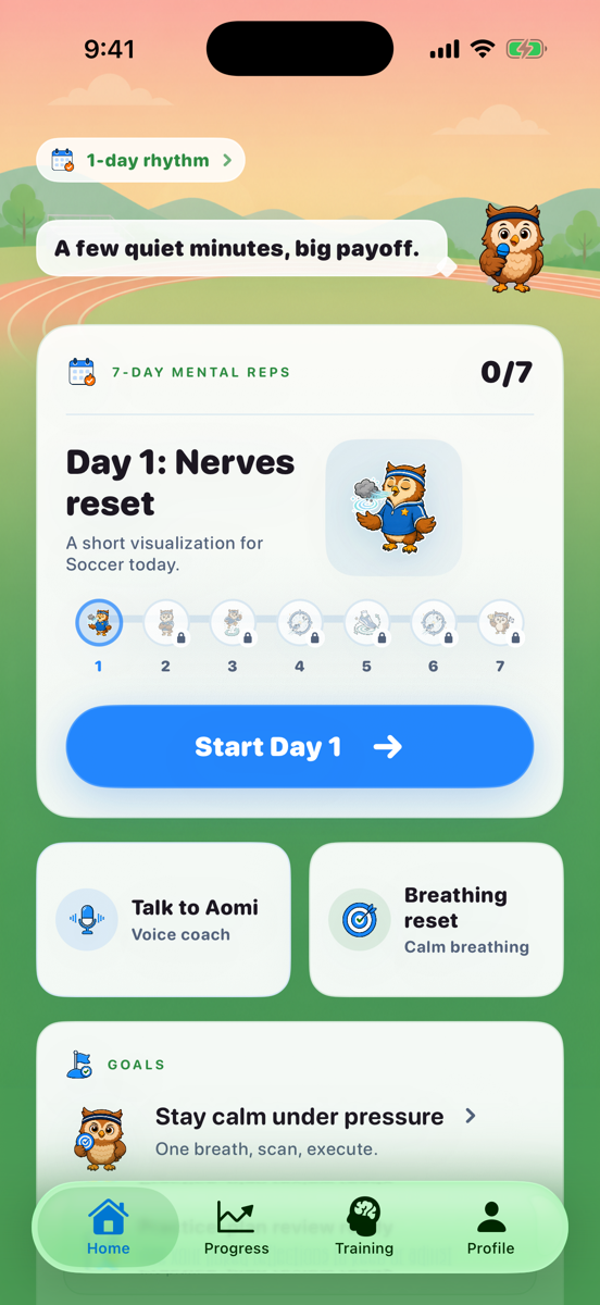 Current Athlete Mindset Home screen with seven-day mental reps, Aomi, and a quick reset