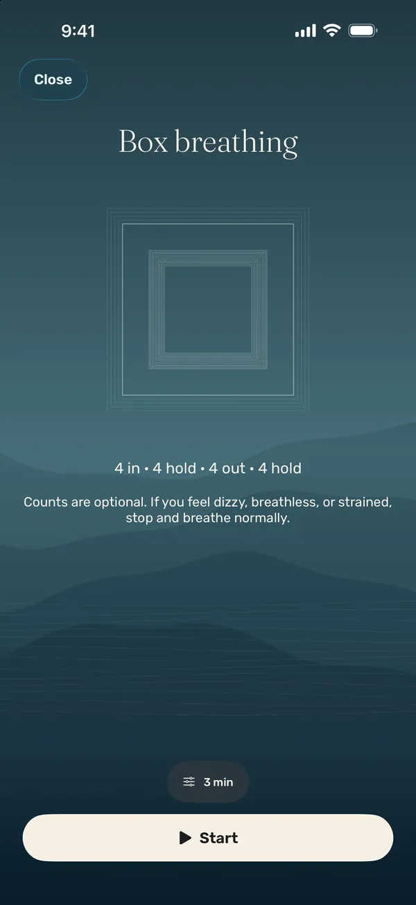Box breathing: four in, four hold, four out, four hold, with a square guide