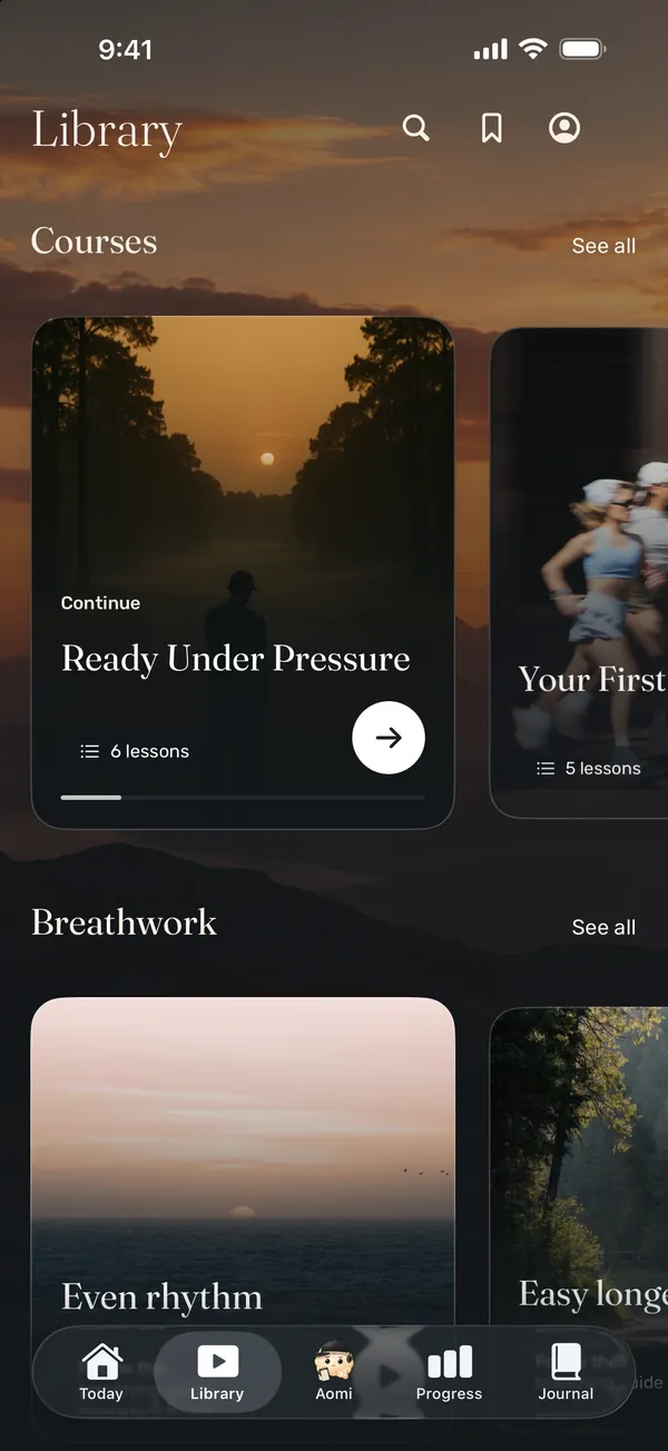 Library with courses, including Ready Under Pressure, six lessons, and breathwork sessions