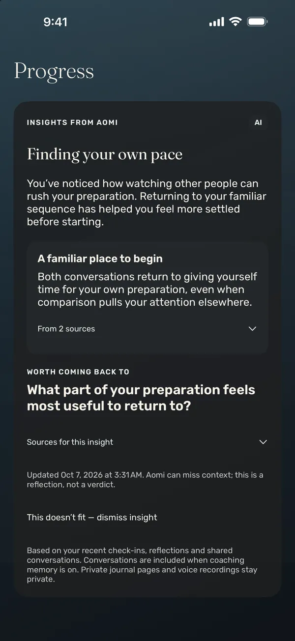 Progress with an insight from Aomi titled “Finding your own pace”