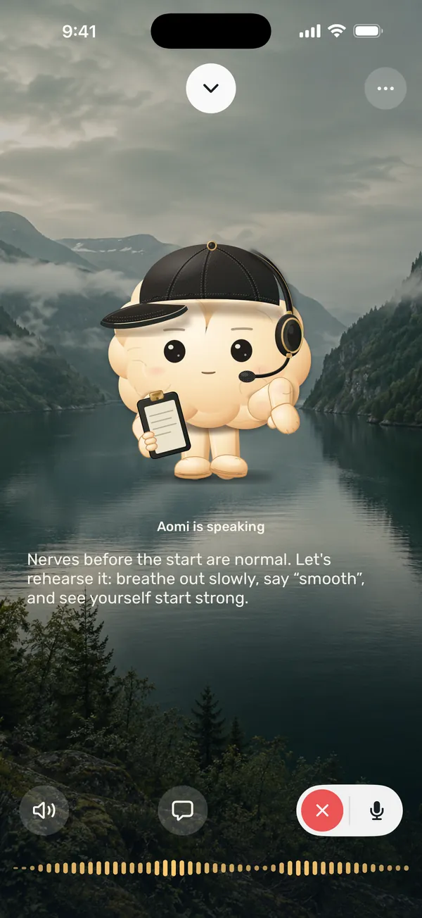 Talking with Aomi: “Nerves before the start are normal. Let’s rehearse it: breathe out slowly, say ‘smooth’, and see yourself start strong.”